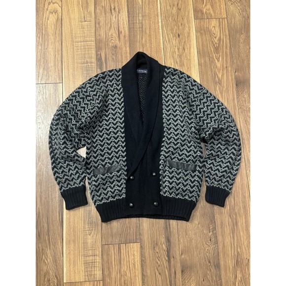 Vintage 80’s 90’s Cardigan Men’s M Black White Geometric Pattern Acrylic Knit - Picture 1 of 6